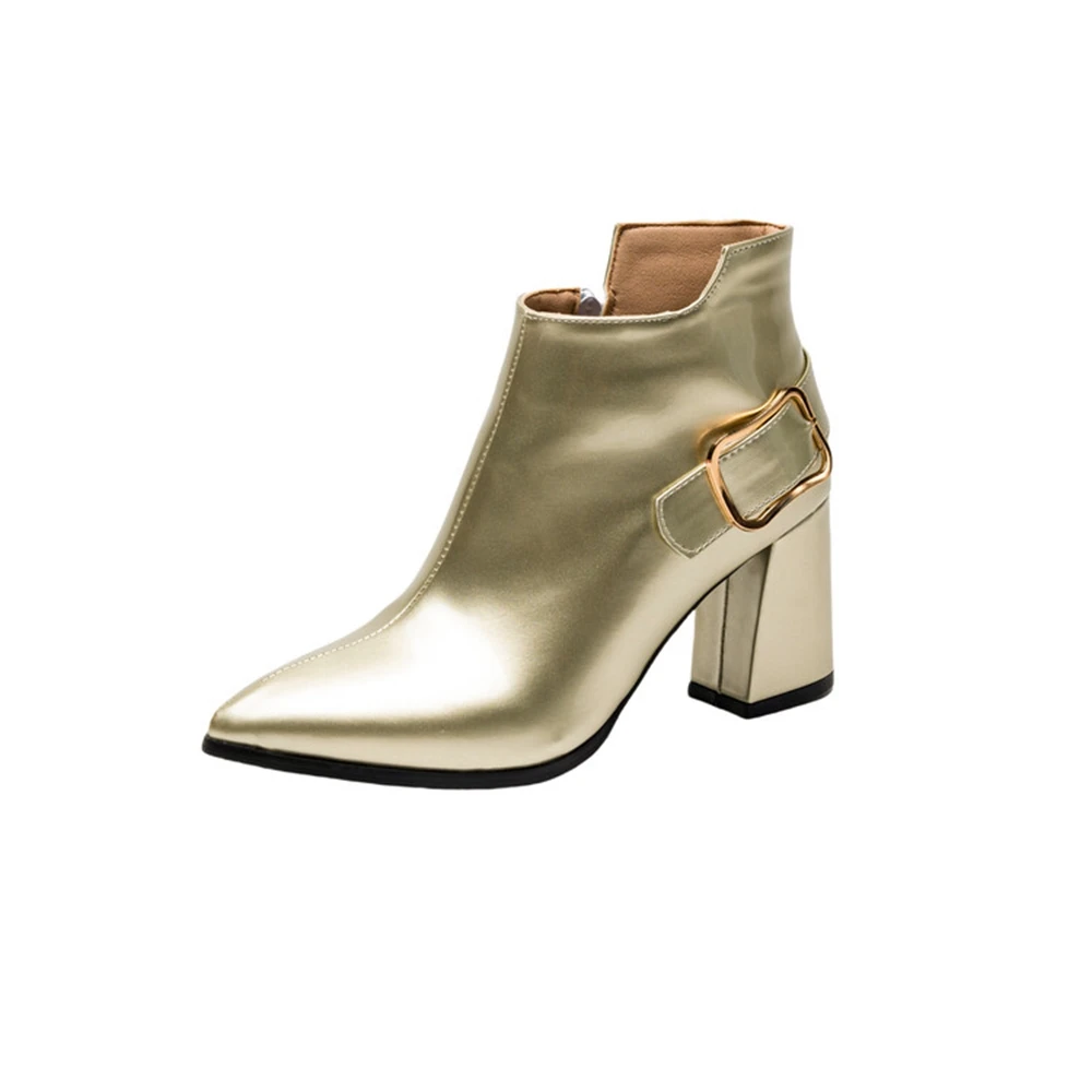 

Ankle Women Boots Fashion Pointed Toe Block High Heels Inner Zipper Gold Silver Party Dress Short Boots Plus Big Size 48 2218-12