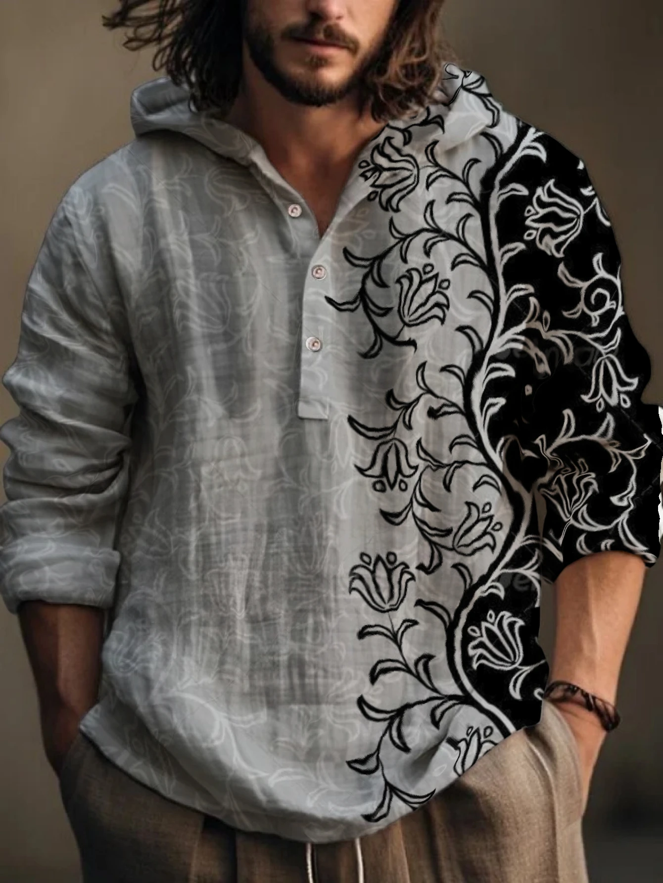 Fashion Ethnic Wear For Men - Camisa Henley con Capucha para Hombre,