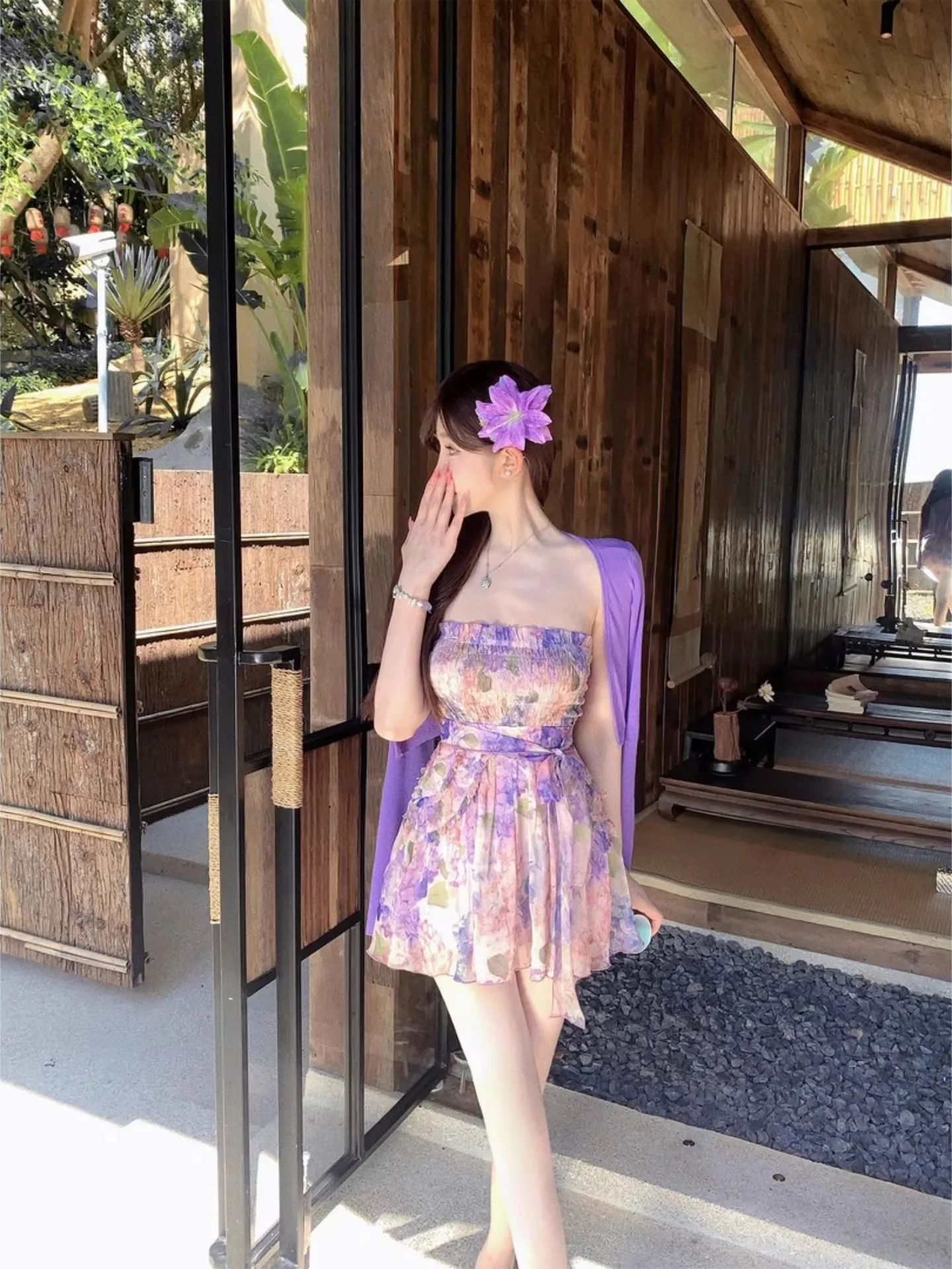 

Stunning Purple Floral Print Halter Neck Strapless Dress Women's Summer Beach Vacation Short A-Line Skirt Waist-Cinching