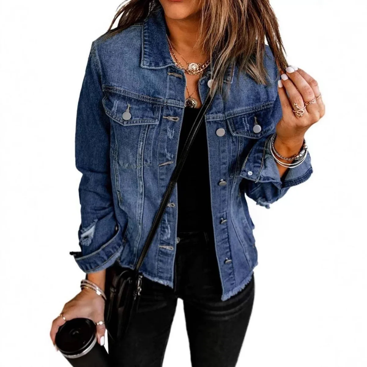 Women's Long-Sleeved Denim Jacket 2026 Washed with Water Worn out Collar Top for Casual Wear