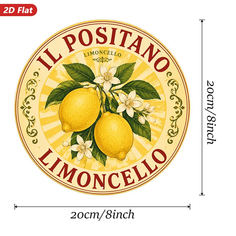 2D Flat, 1pc Lemon Botanical Round Metal Sign Wall Art, Ideal for Office Dining Room Workspace, Positano Limoncello Text, Home D