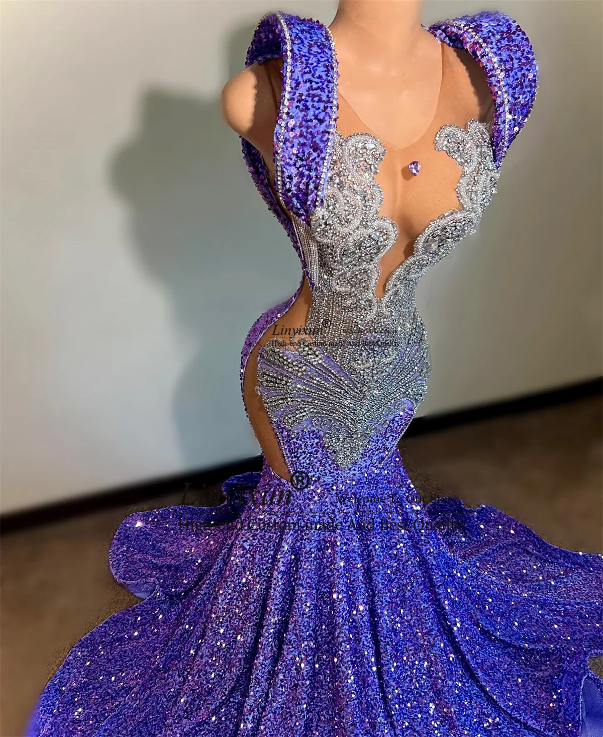 Purple Sequins Prom Dresses For Black Girls Luxury Beaded Crystal Evening Party Gala Gowns Mermaid Birthday vestidos de festa