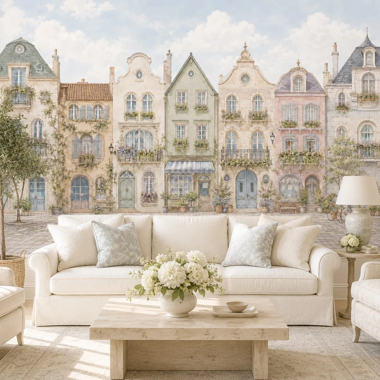 European Street Peel and Stick Wallpaper Vintage Pastel Houses Wall Mural Self Adhesive Living Room Bedroom Home Decor