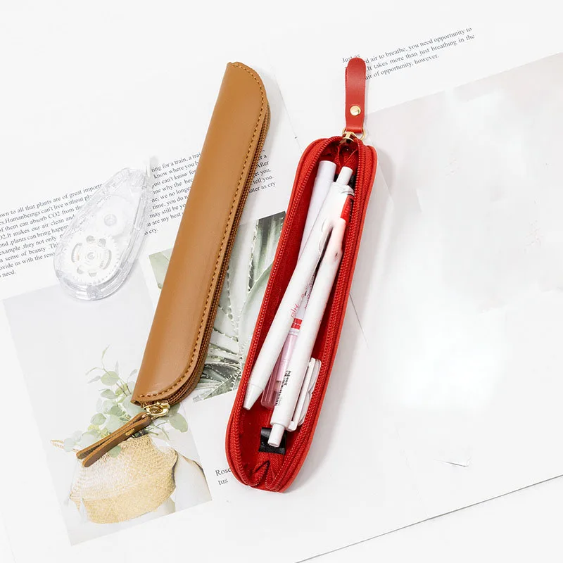 Retro Leather Pencil Case Student Pencil Box Stationery Bag Multi-functional Zipper Pen Storage Bag