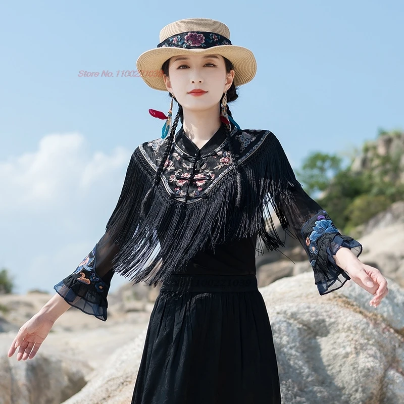 

2025 китайская ретро шаль с кисточками, плащ, накидка, накидка с национальной цветочной вышивкой, аксессуары ханьфу, восточные древние этнические топы