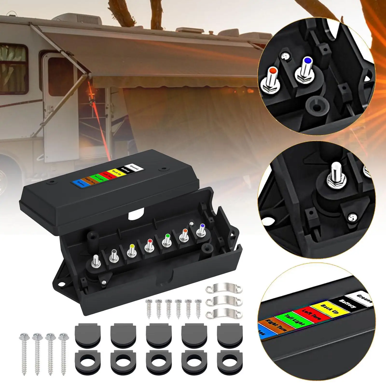 7 Way Trailer Junction Box Color Coded Hardware Sealed Protection Electric Wires Connection Box for Towable Vehicles Rv