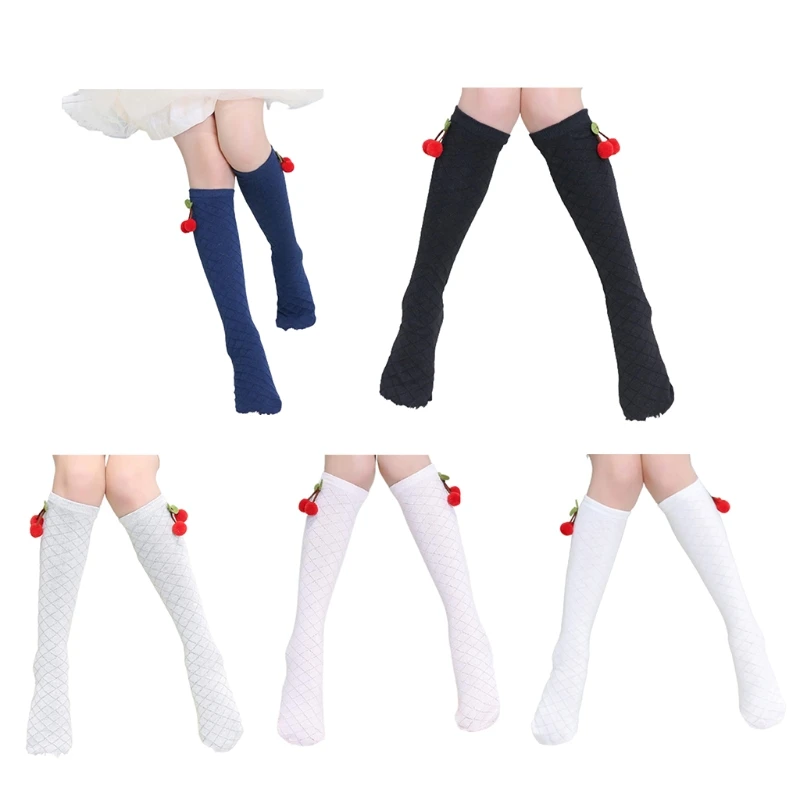 

MXMB Children Solid Color Sock Sport Socks Kids Girls Cherry Rhombus Pattern Knee High Lovely Stockings for Student