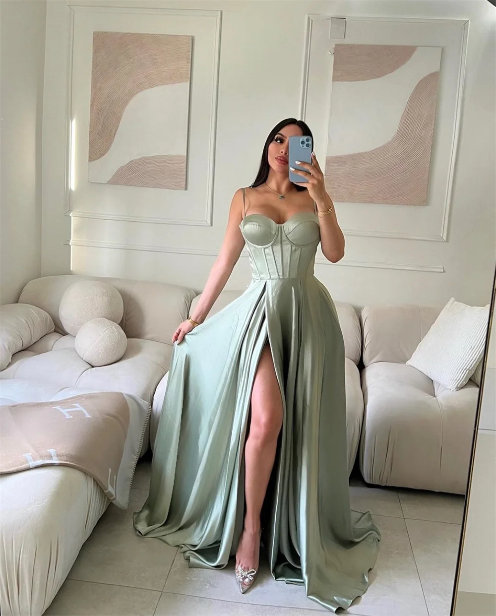 Bella Ligth Green Satin robes de soirée Spaghetti Strap A-line Prom Dresses Elegant Sleeveless Side Split Wedding Dress 2024