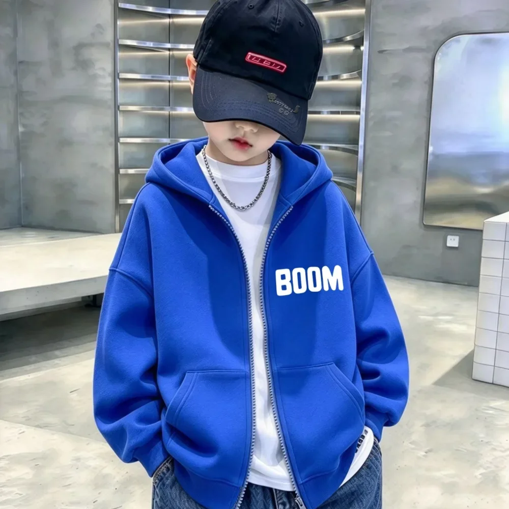 Children's hooded zip-up jacket featuring a minimalist 
