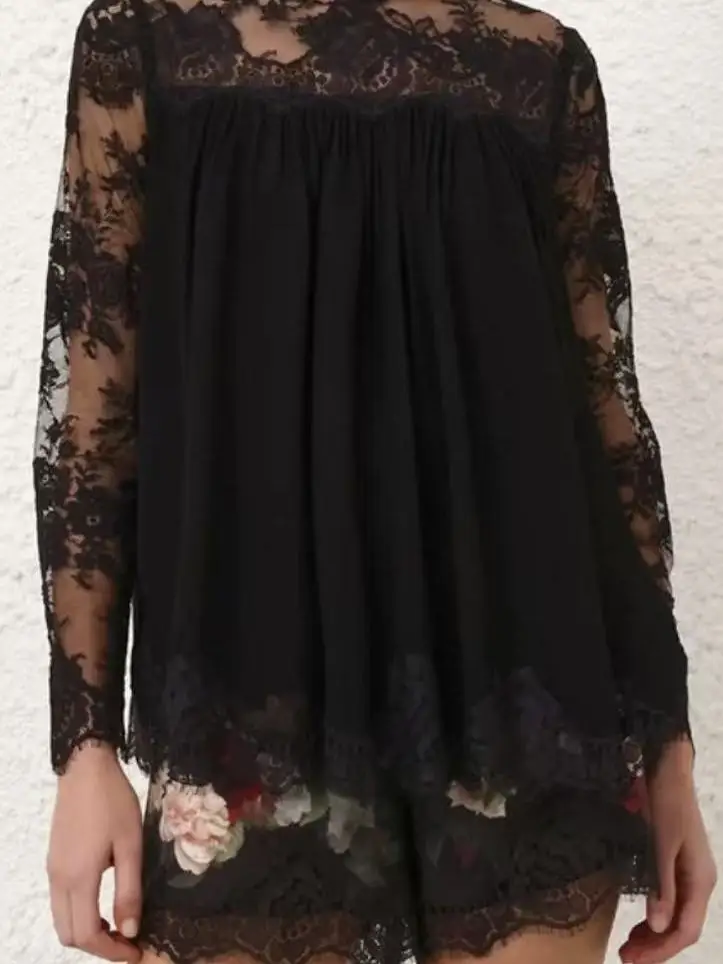 ชุดเซ็ตเสื้อคอสูงแขนยาวผ้าลูกไม้ลายดอกไม้สไตล์หรูหรา คอลเลคชั่นฤดูใบไม้ร่วง-ฤดูหนาว 2025 สำหรับผู้หญิง