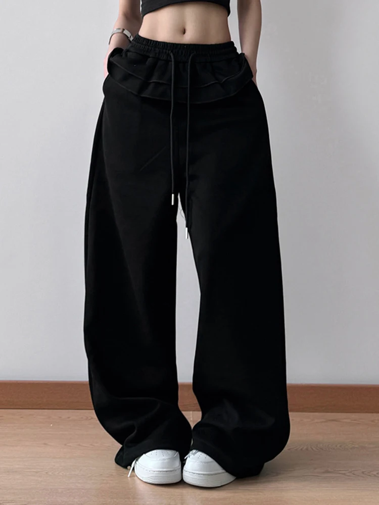 [Vibe] High Elastic Waist Gray Ruffles Drawstring Wide Leg Pants New Trousers Women Fashion Tide Spring Autumn 2025