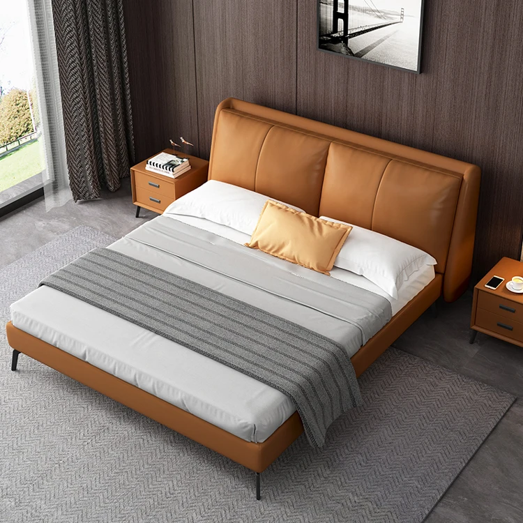 Modern style bedroom furniture with soft bag headboard Genuine leather storage bed for sale wooden bedding set