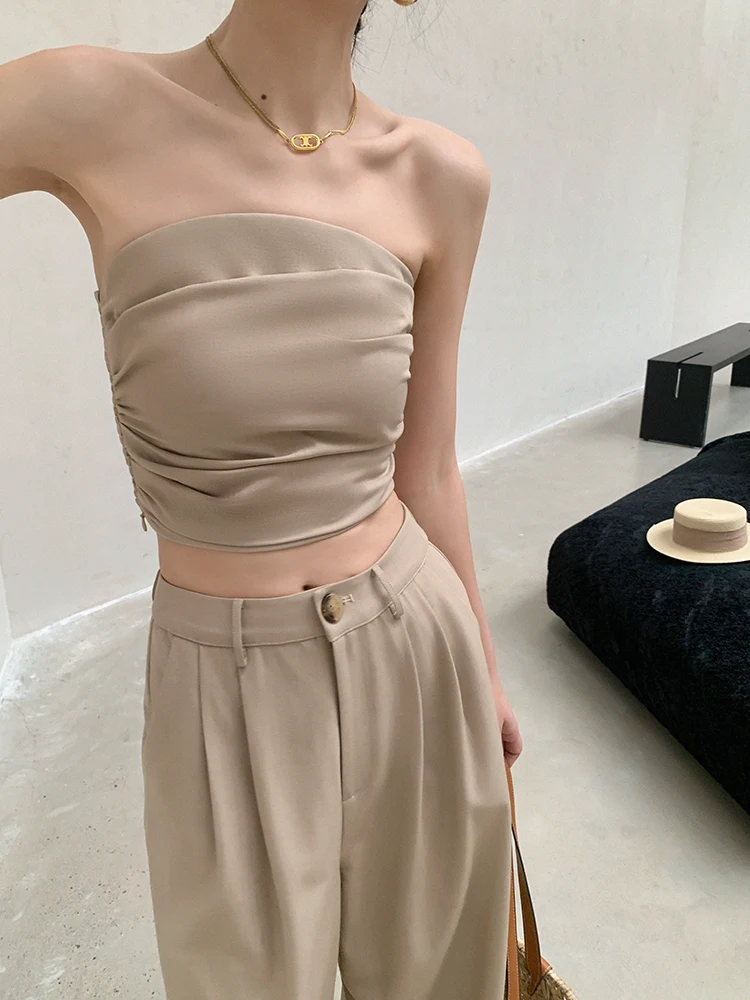 

JWUNIQUE Khaki Color Fashionable Two-Piece Set Women's Summer Strapless Outerwear Top Wide Leg Suit Pants