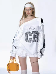 QWEEK Y2k Coquette Stripped Oversized White Hoodies Women Letter Embroidery 2024 Autumn Fashion Korean Kpop Design Sweatshirt