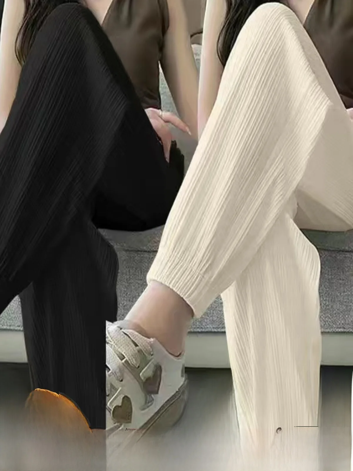 Black Summer Thin Casual Pants Women's Loose Cuffed Sun Protection Ice Silk Lantern Pants High Waist Nine Points Long Trousers