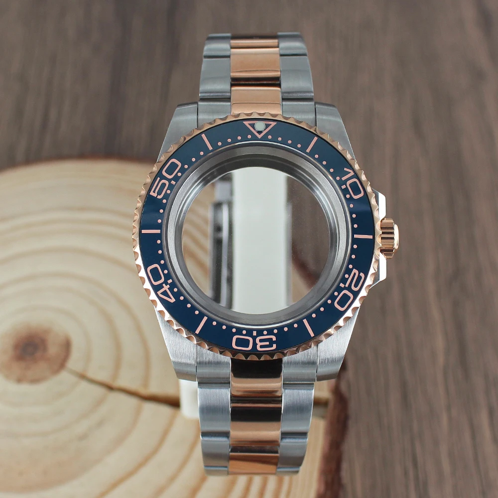 40mm Women's NH35 SUB Rose Gold Watch Case Sapphire Glass for Seiko NH35 NH36 NH38 8215 2824 PT5000 Sliding Lock Watch Bracelet