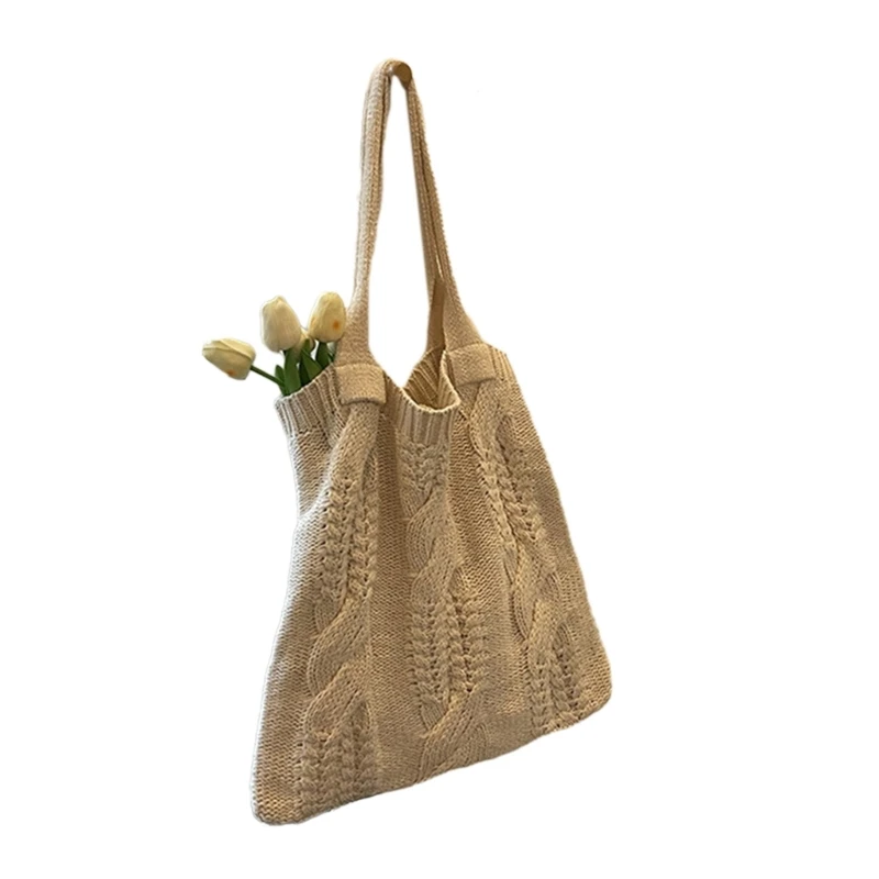 Fashionable Women's Woven Shoulder Bag Cotton Knitted Hollow Mesh Tote for Daily Use Travel