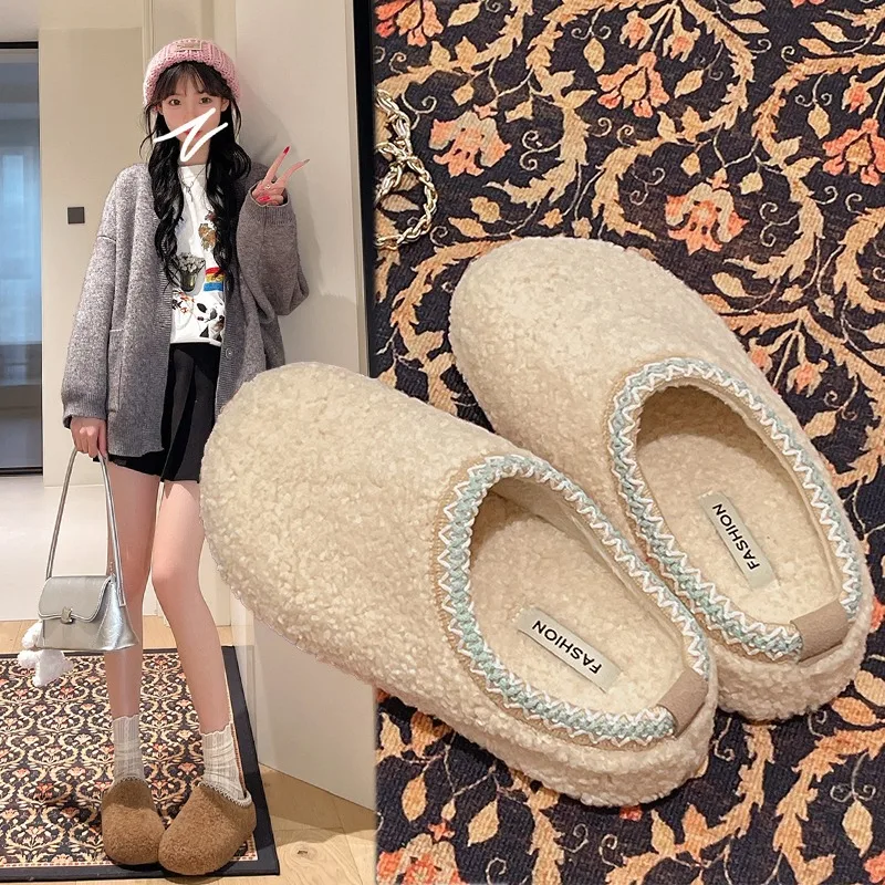 

White Retro Non-Slip Fur Slippers Women's Outdoor Wear 2025 New Autumn Winter Versatile Heightening Soft Slippers