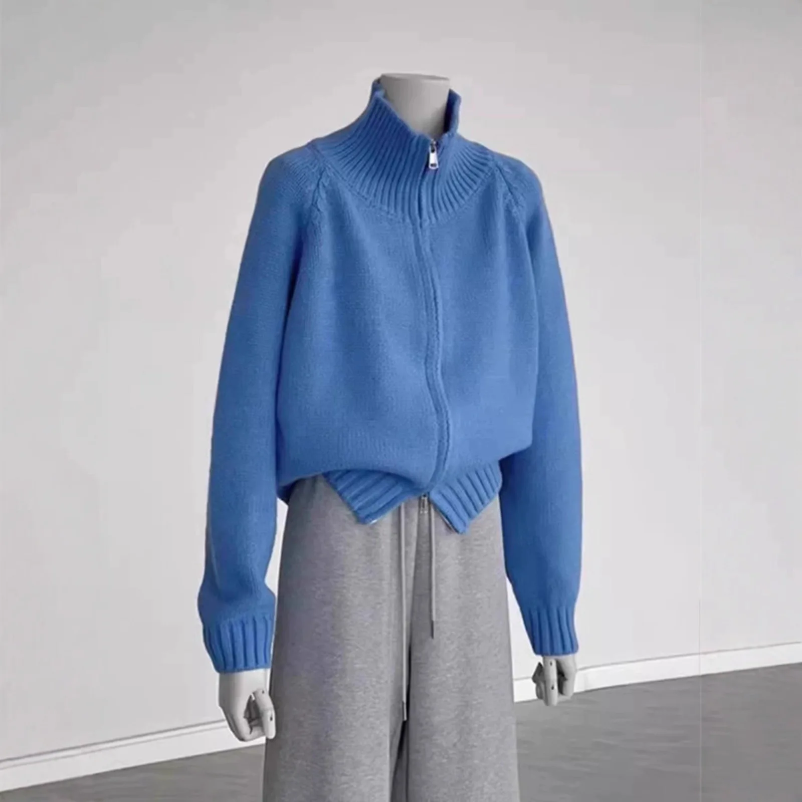 

Temperament Solid Color Lazy Wind Double Zipper Sweater Jacket Early Autumn New Thickened Loose Turtleneck Knitted Cardigan