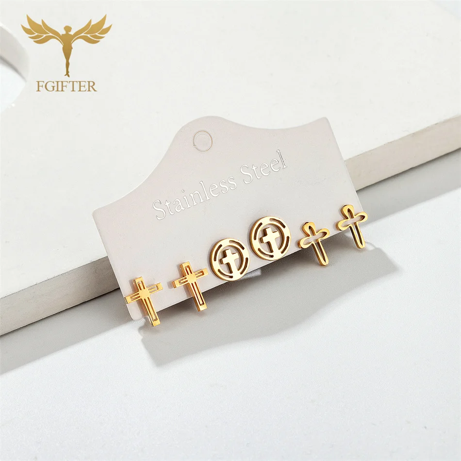 

Religious Christian Jewelry Women Girls Golden Stainless Steel Stud Earrings Set 3 Pairs Christmas Easter Good Friday Small Gift