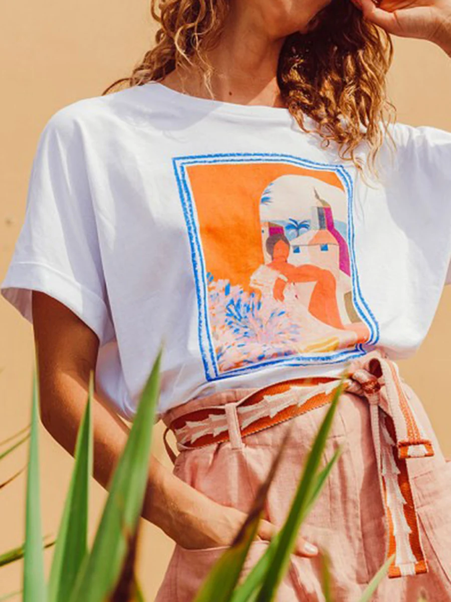 

Graphic Print T-shirt Cartoon Cotton Round Neck Women Summer Slim White Short sleeve Tshirts Fashion Casual Chic Female Top 2023