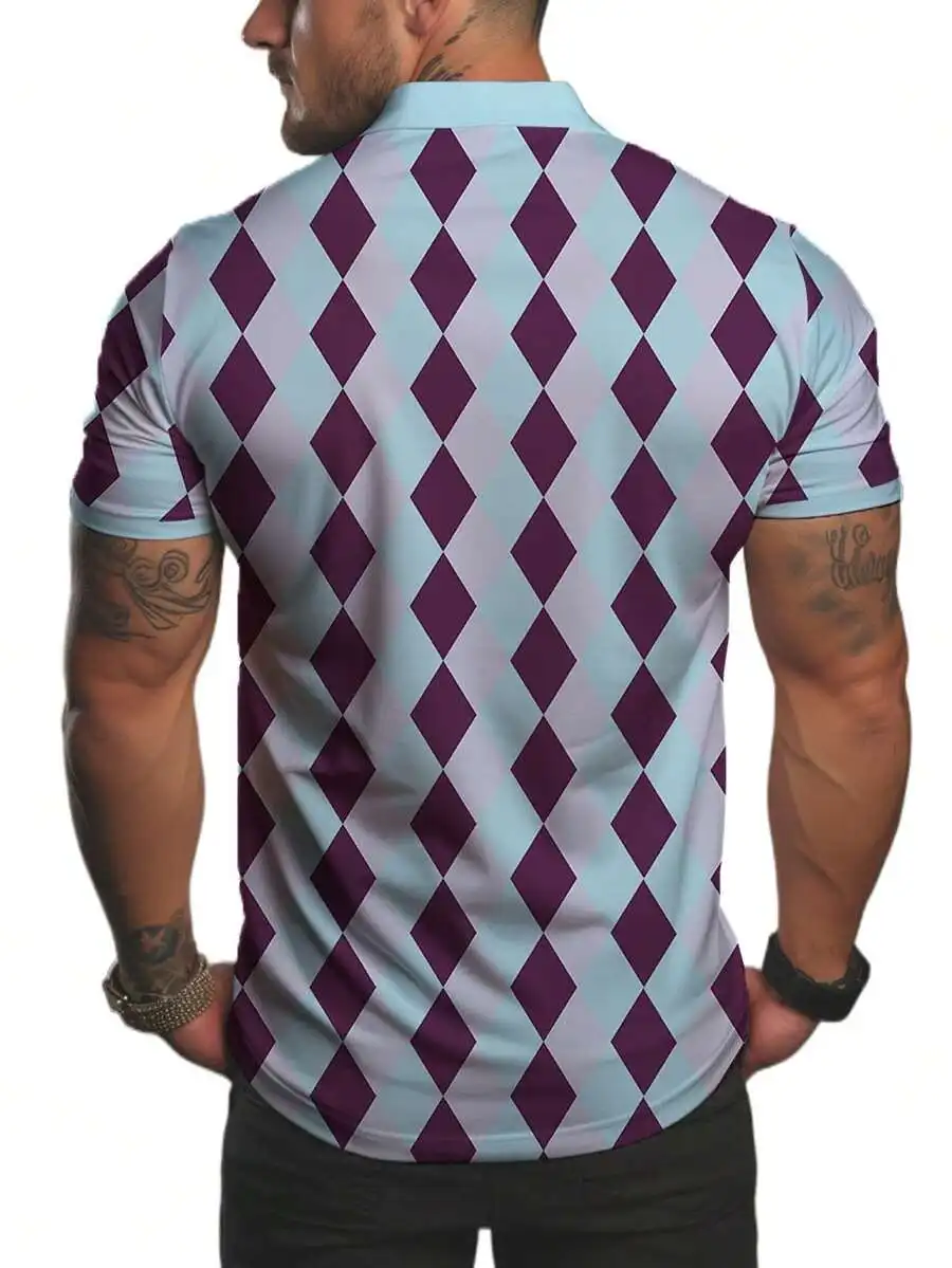 Mens Light Blue And Purple Argyle Print Short Sleeve Shirt Casual Summer Wear
