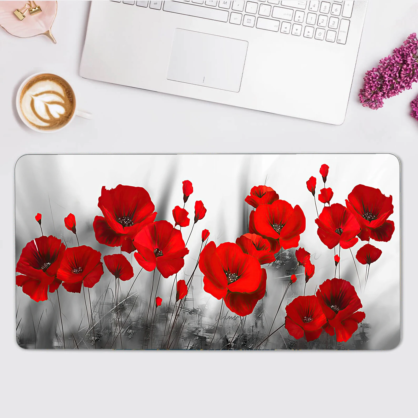 Gaming Mouse Pad, Romantic Poppies and Red Flower Plant Art Print Desk Mat Ultra Thin Non-slip Desk Mat Desk Decoration