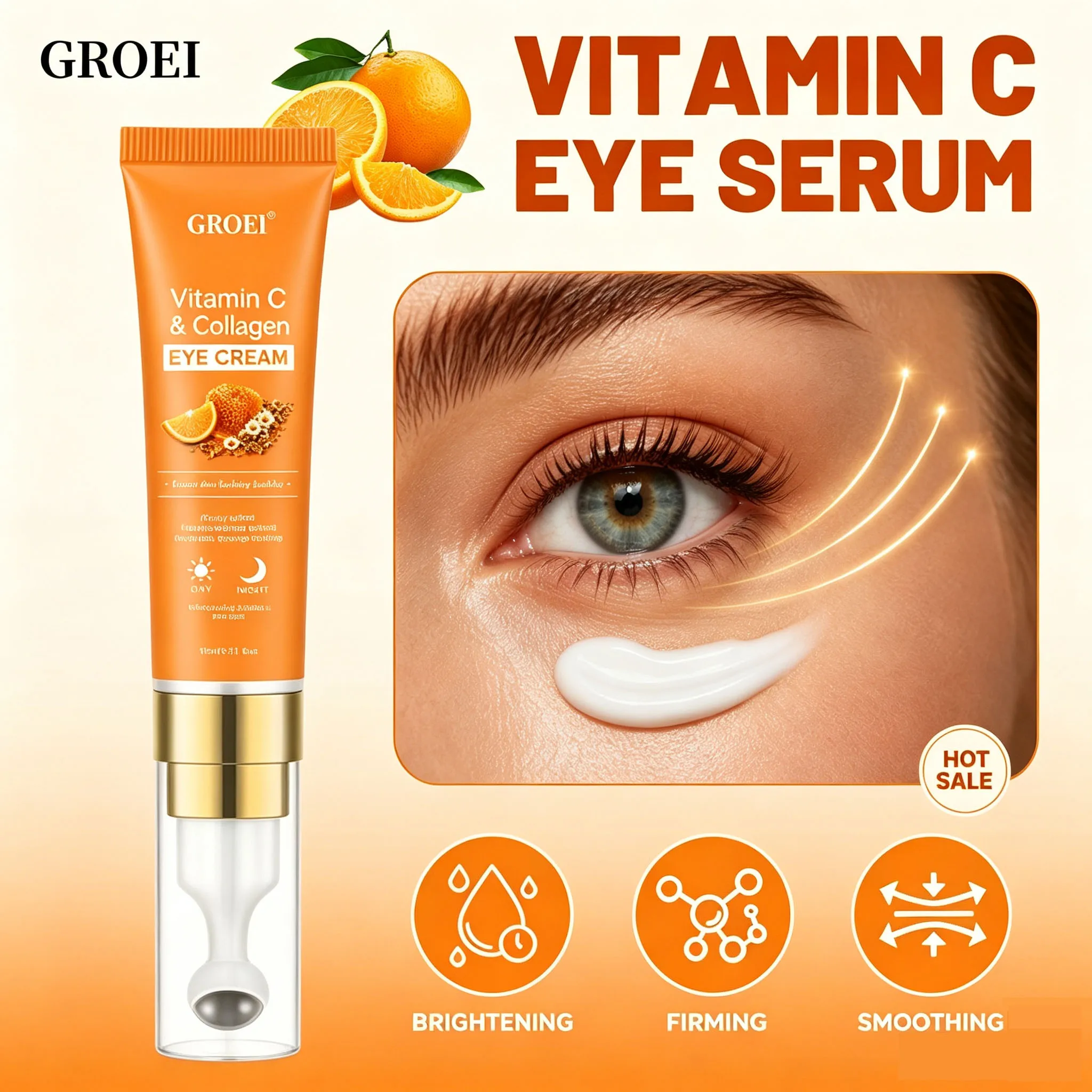15ml GROEI Vitamin C Collagen Eye Cream with Honey Centella Asiatica, Hydrating Brightening Under Eye Serum for Smooth Skin