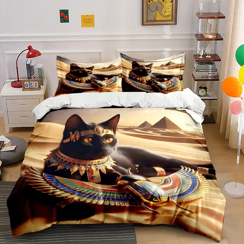 

Egyptian black cat with golden ornaments Print Bedding Set 1 Duvet Cover 2 Pillowcases for Adult and Children Luxury Gift