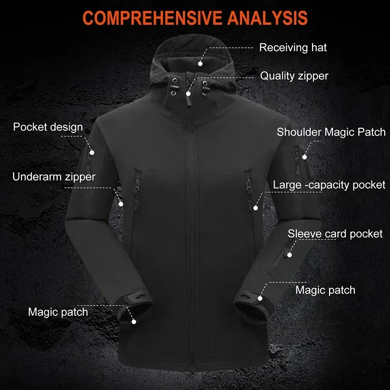 2024 Hot Shark Skin Soft Shell Jackets Men Tactical Windproof Waterproof Jacket Men Combat Jackets Mens Hooded Bomber Coats