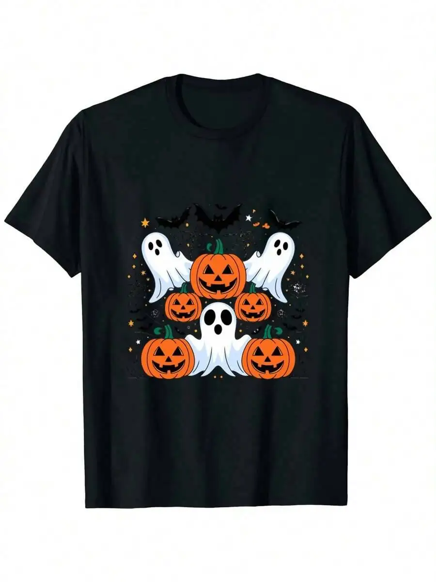 Men's Crew Neck Halloween Ghost And Pumpkin Print T-Shirt - Regular Fit Knit Top With Slight Stretch 100% Cotton Trendy Y2K