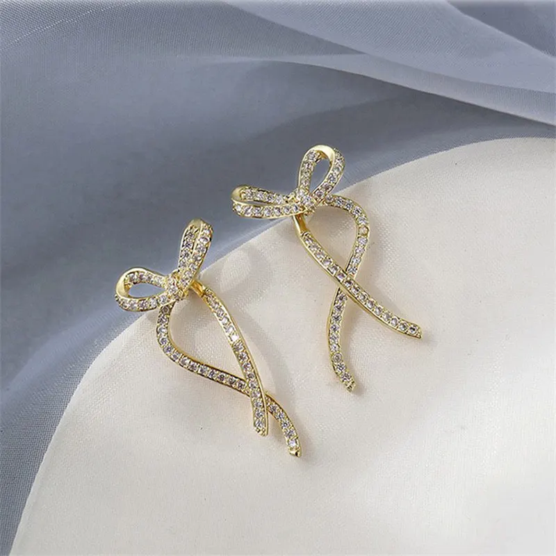 Fashion Silver Color Ribbon Bow Drop Earrings for Women Girls Korean Style Rhinestone Bow Ear Studs Earrings Wedding Jewelry