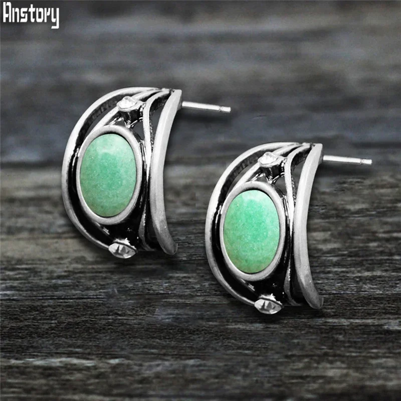 Vintage Natural Quartz Jades Amethysts Stud Earrings For Women Moon Shape Nautral Tiger Eye Lapis Lazuli Unakite Fashion Stud