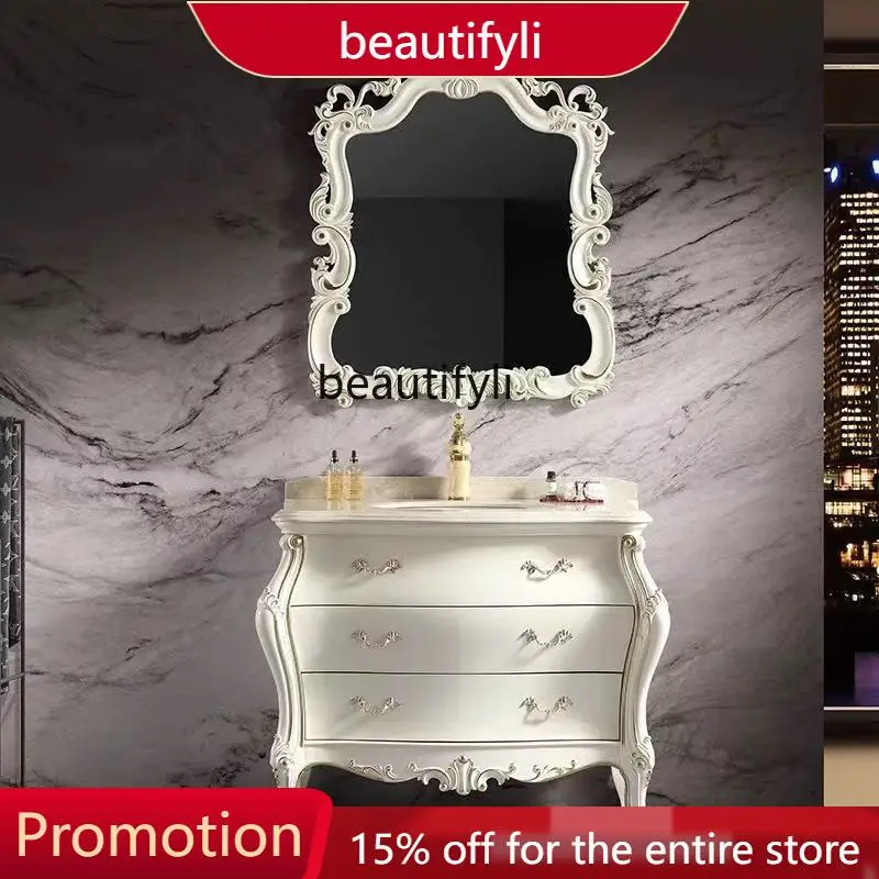 European Antique Bathroom Cabinet Oak Solid Wood Floor Cabinet Marble Double Basin Red Oak Bathroom Wash Basin LT