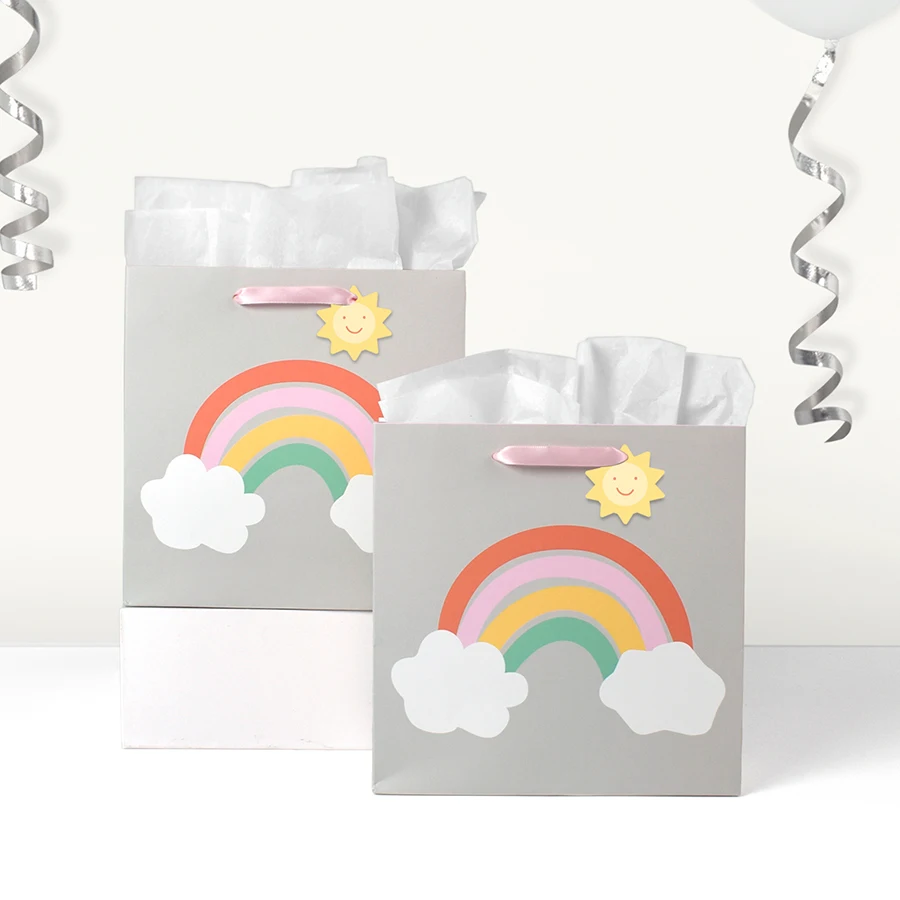 Cute cartoon clouds rainbow thickened white card gift tote bag spot, color printed square paper tote bag