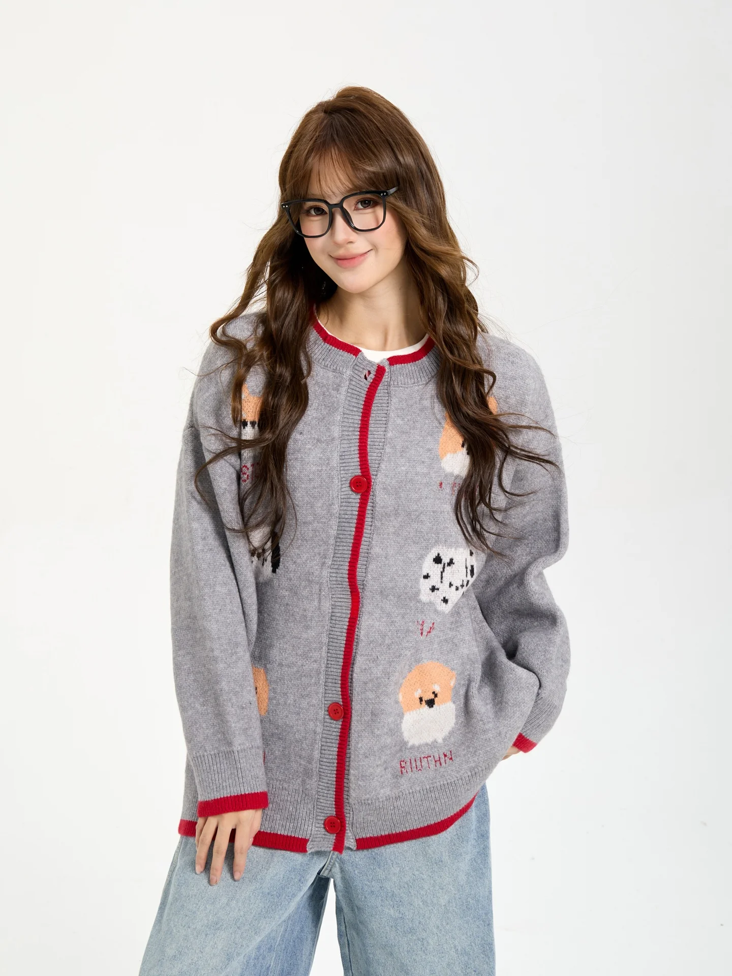 

7KEEWEN Autumn Winter American Retro Lazy Sle Color Blo Fun Little Dog Embroidery Knitted Open Cardigan Sweater Women