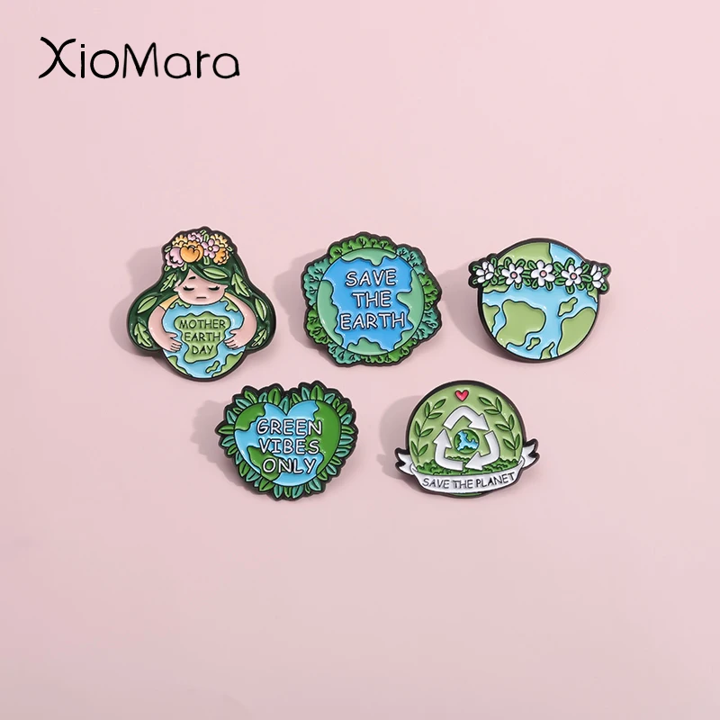 Save The Earth Green Vibes Only Enamel Pins Recycling Renewable Resources Brooches Lapel Badges Natural Jewelry Gift