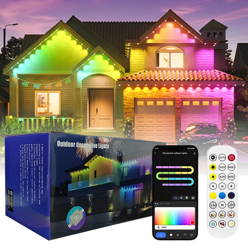 Outdoor Eaves Lights, Smart RGB Lights with App Control, 15M with 30 LED Eaves Lights Waterproof for Christmas Holiday Decor