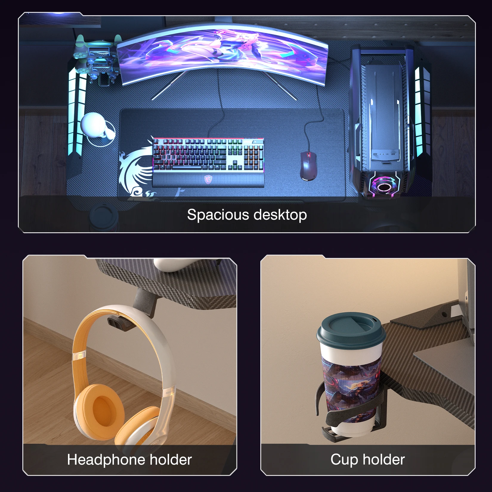 140CM bardzo duże dynamiczne oświetlenie LED RGB biurko do gier solidne biurko komputerowe do domowego biura biurko stół dla graczy metalowe nogi