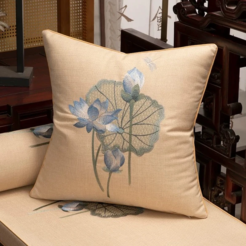 Chinese Traditional Luxury Embroidery Lotus Flower Cushion Cover Woven Square Sofa Pillowcase Beige Brown 45x45cm 1 Piece Pack