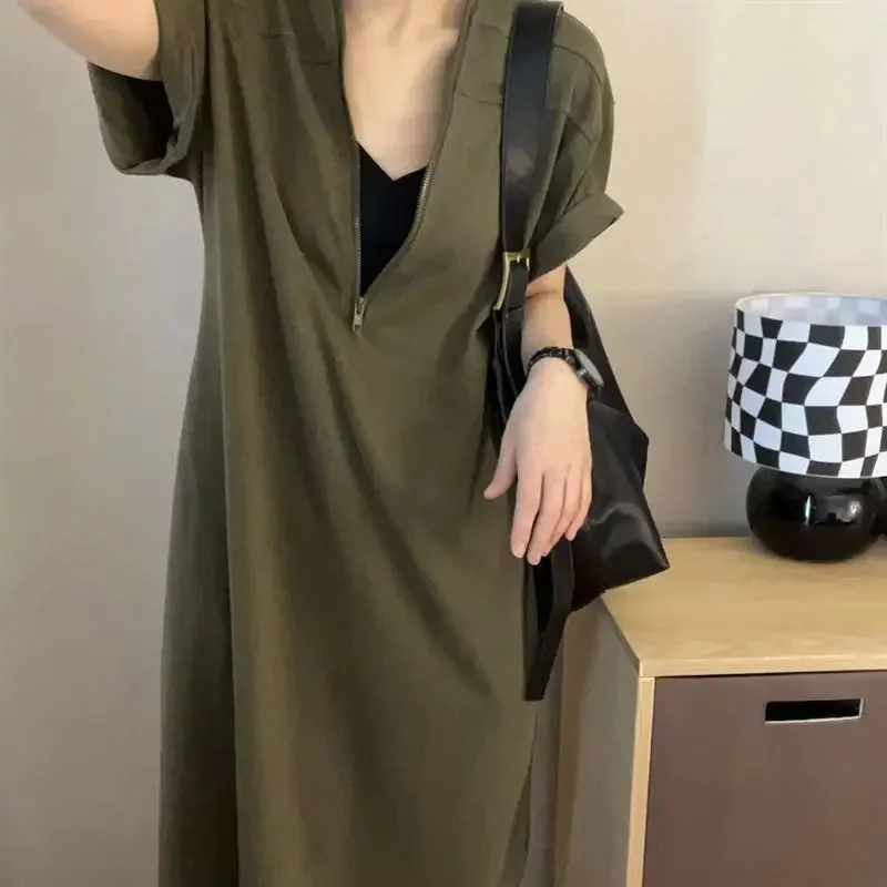 Summer Trendy Textured Oversized Black Casual Hooded Dresses for Women Streetwear Half Zipper Short Sleeve Beach Dress