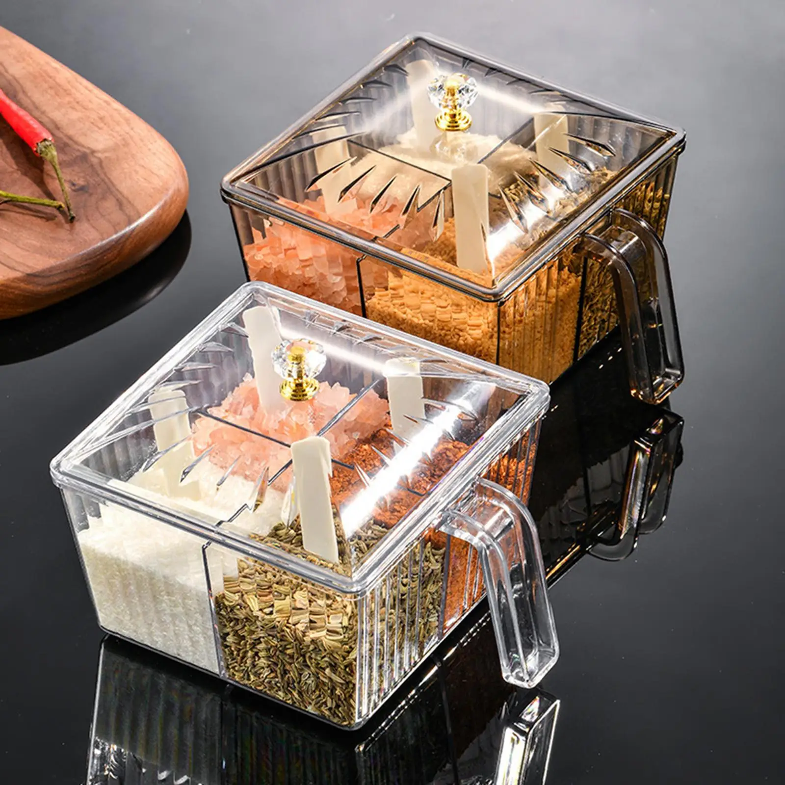 Seasoning Dispenser with Spoon 4 Section Spice Pot PC Plastic Airtight Container Kitchen Cabinet Organizer for Pepper Salt Sugar