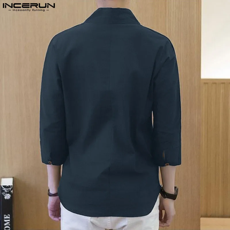 2024 Men Shirt Cotton Solid Color V Neck 3/4 Sleeve Harajuku Casual Men Clothing Streetwear Vintage Leisure Shirts S-5XL INCERUN