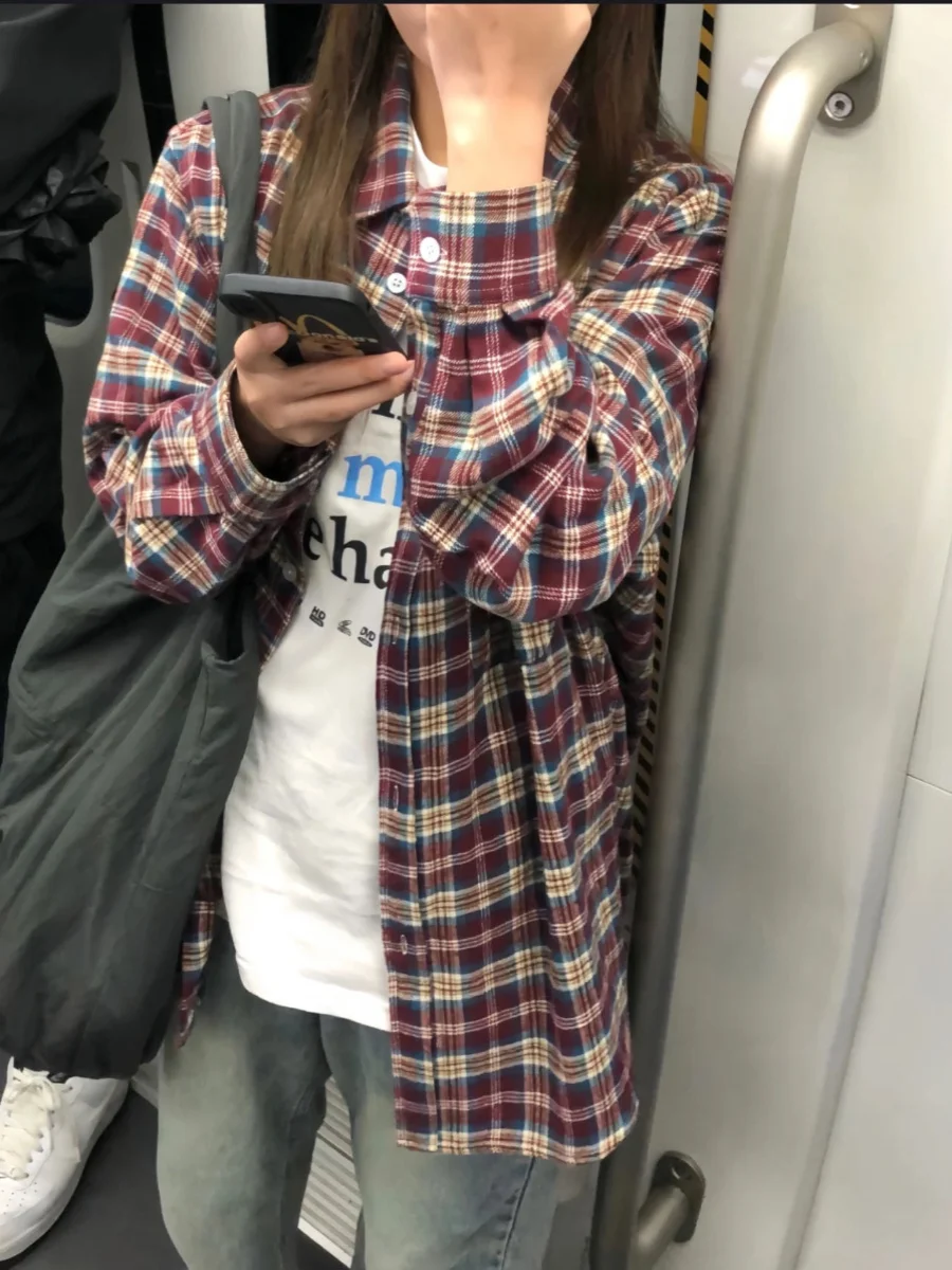 

American Red And Blue Color Blo Plaid irt Men's Casual Collar Oversize Loose Outerwear Long Sve Autumn Clothing