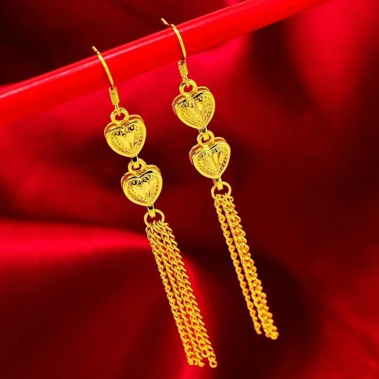 

AU999 Love Tassel Earrings 24K Gold Womens Double Love Long Earrings Wedding Jewelry Gift for Girlfriend