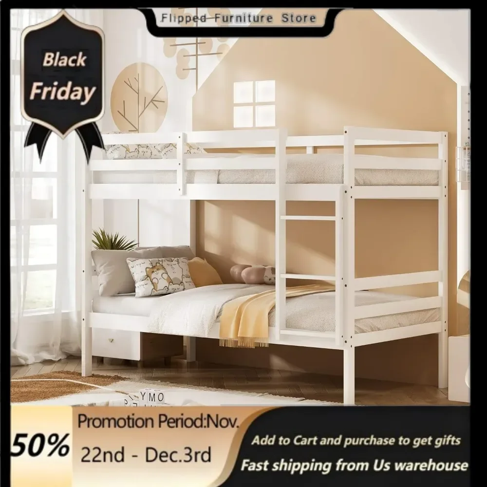 Wood Bunk Bed Twin Over Twin, Bunk Bed with Ladder & Safety Guardrail, Solid Wood Bed Frame,Ideal for Dormitory & Multiple-Child