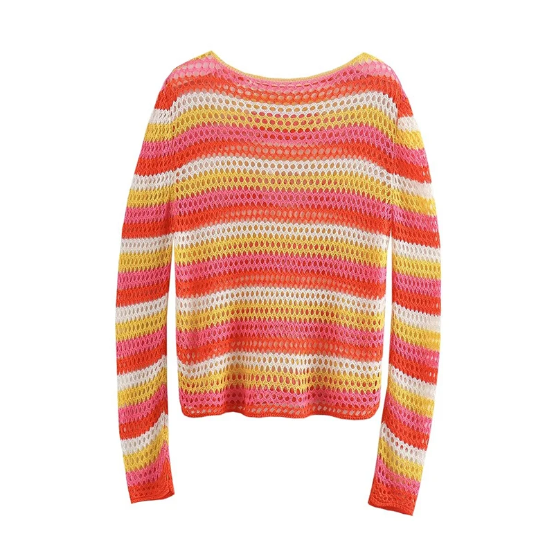 YENKYE Neue Mode Frauen Mehrfarbig Gestreiften Häkeln Stricken Pullover Langarm Rundhals Dünne Sommer Pullover