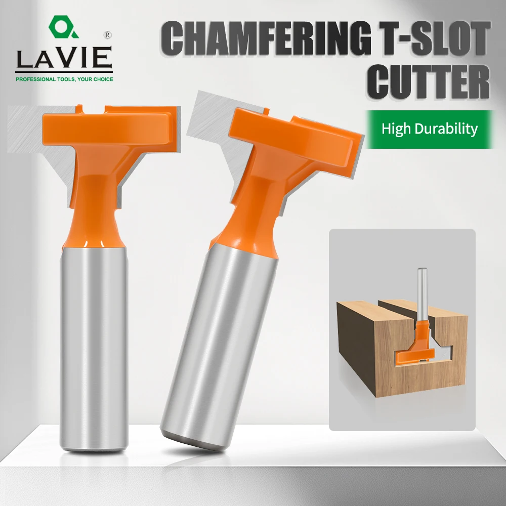 LAVIE 1pc 6mm 1/4 8mm 12mm 1/2 Shank T-Slot Router Bit - Double Edge Grooving Cutter for Wood Slotting