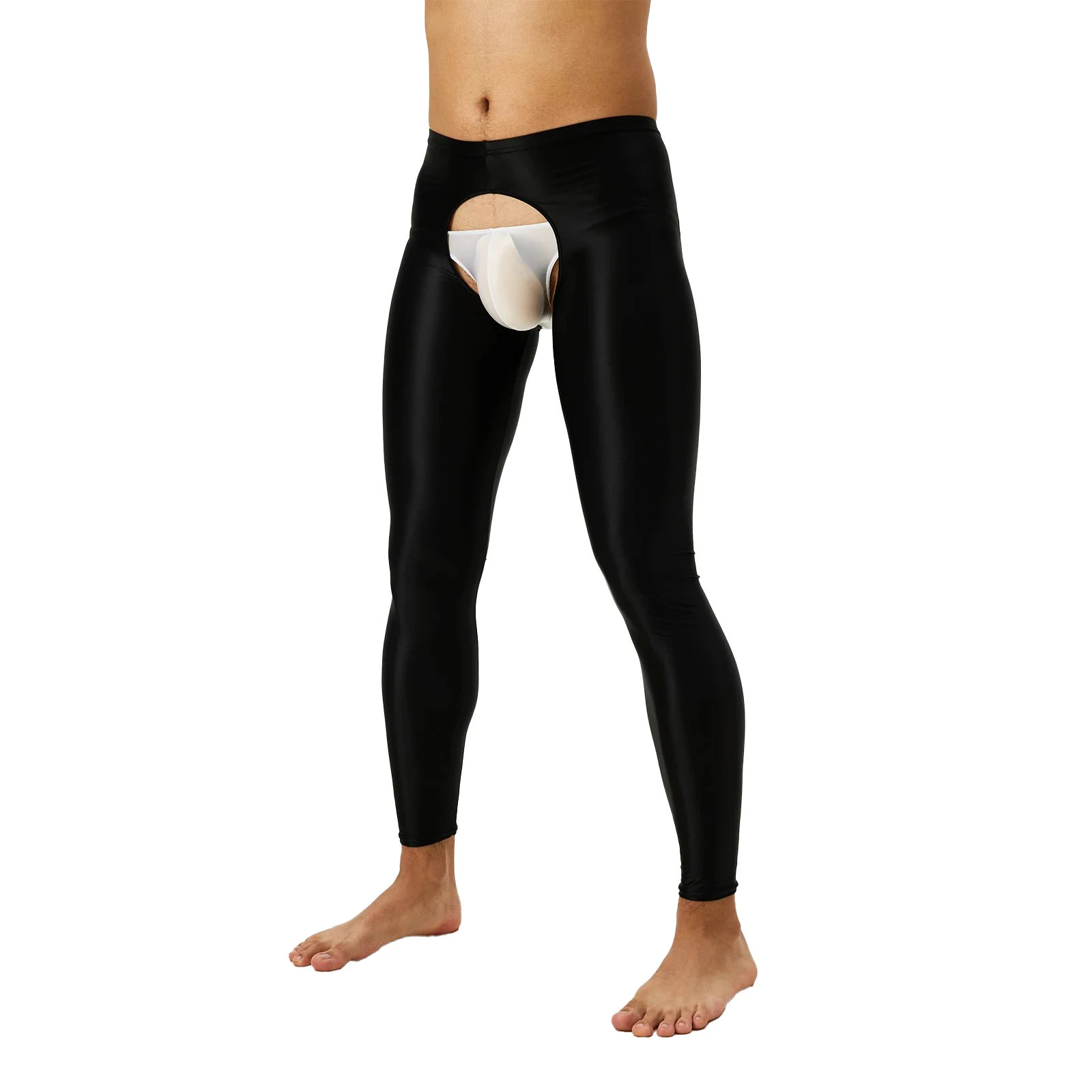 Erkek Yağ Parlak Açık Kasık Tayt Pantolon Yüksek Bel Slim Fit Crotchless Tayt İç Gece Kulübü Dans için Baselayer Pantolon