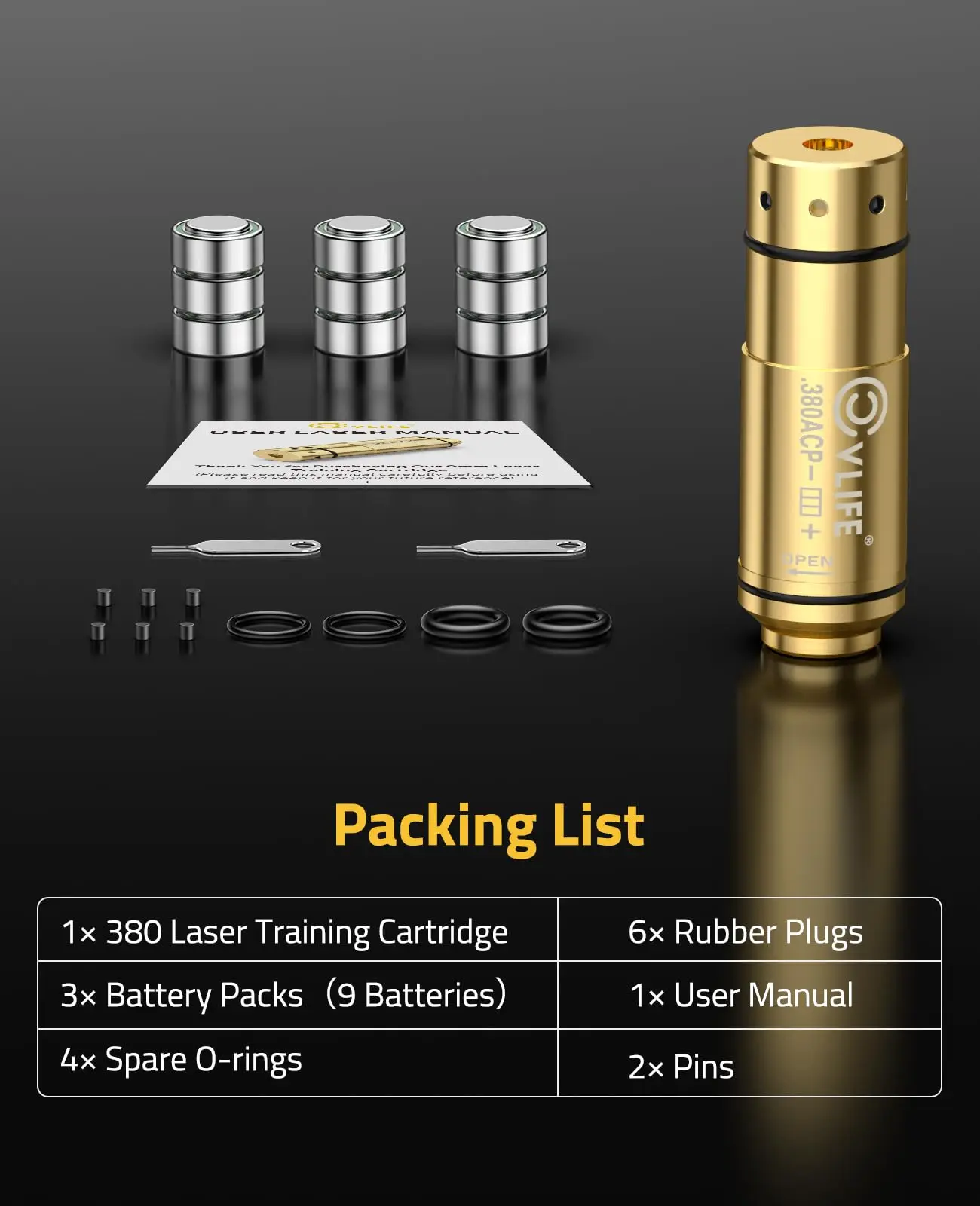 

.380ACP Bore Sight Sighting Boresighters Red Laser Training Cartridge with 9 Batteries Replaceable Rubber Plugs O-rings